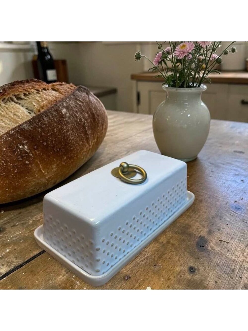 Better Homes and Gardens White Ceramic Butter Dish With Brass Ring Handle Dotted